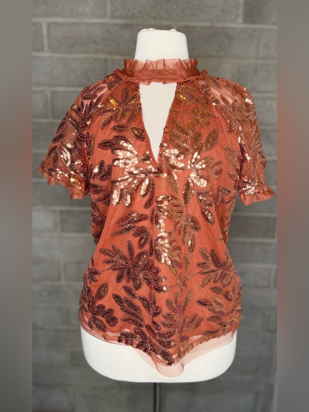 Anthropologie Rust Sequin Floral Keyhole Blouse